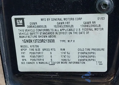 2003 Chevrolet Tahoe Z71 z USA, uszkodzony, nr VIN 1GNEK13T23R213938